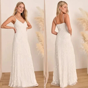 Lulu's Truly Dedicated Ivory Shiny Sequin Sleeveless Maxi Dress M Wedding Bridal